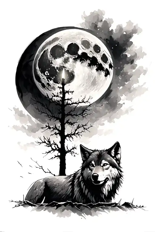 The sketch with moon and fore, you can add wolf. The sketch should look like a gloomy oil painting, in dark fantasy tattoo design idea
