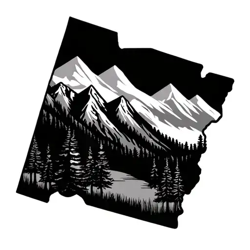 outline of state of idaho with pine trees and mountains tattoo design idea