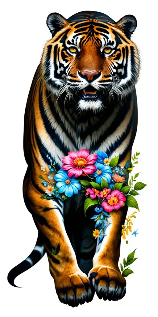 photorealistic full body tiger in full color with bright water color flowers  tattoo design idea