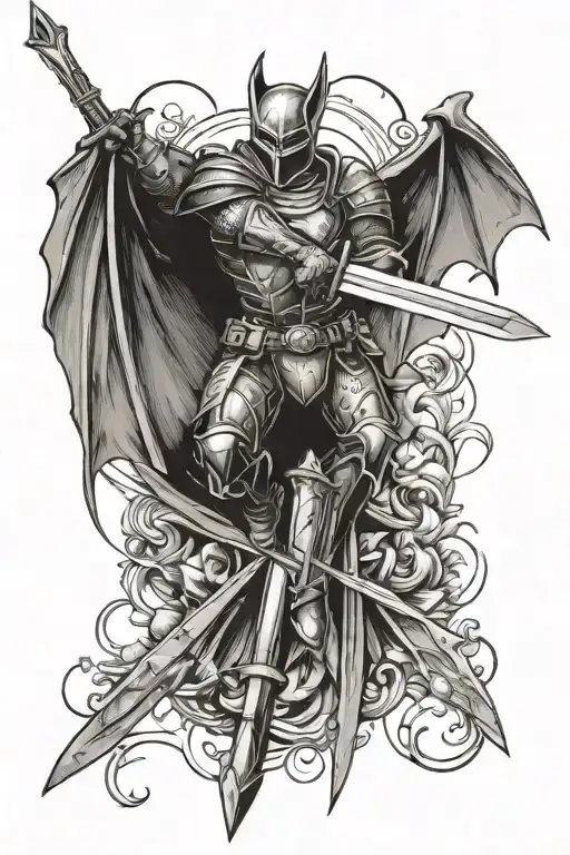 bats flying with knight holding a sword tattoo design idea
