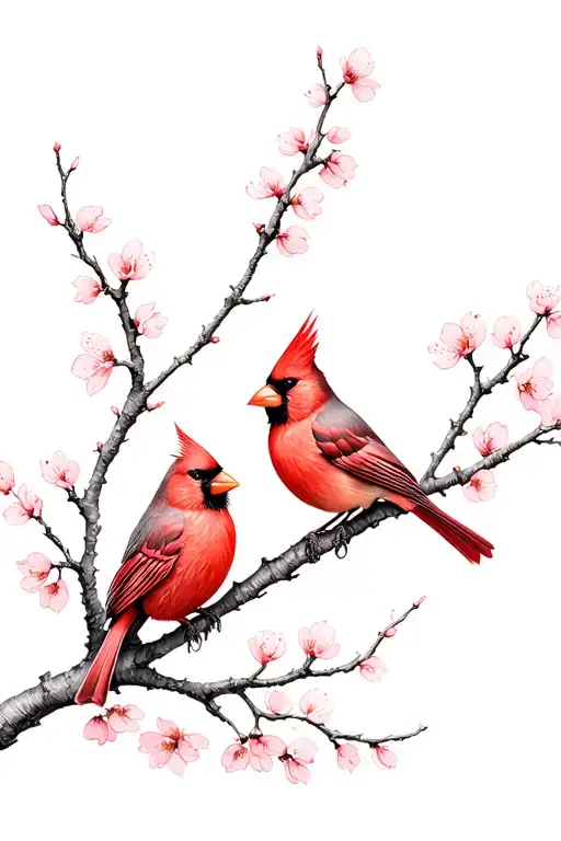 Tattoo design of two cardinals perched on a delicate cherry blossom branch, facing each other in an intimate pose tattoo design idea