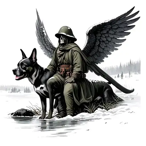 forest, Snow, Angel of death, Borders, Dog, Soldier, River  tattoo design idea