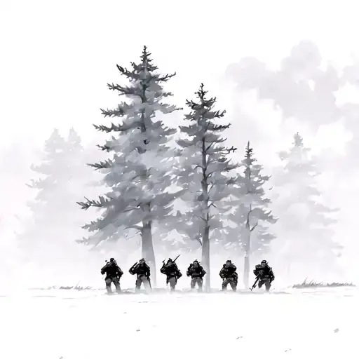 three pine trees in cloudy forest with the silhouettes of five soldiers emerging from within in a row tattoo design idea