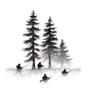 three pine trees in cloudy forest with the silhouettes of five soldiers emerging from within in a row tattoo design idea