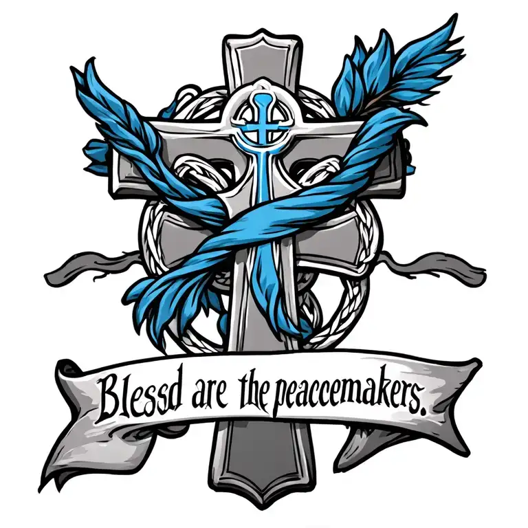 Celtic Cross with ""Blessed are the peacemakers." written on a blue sash draped  on cross. tattoo design idea