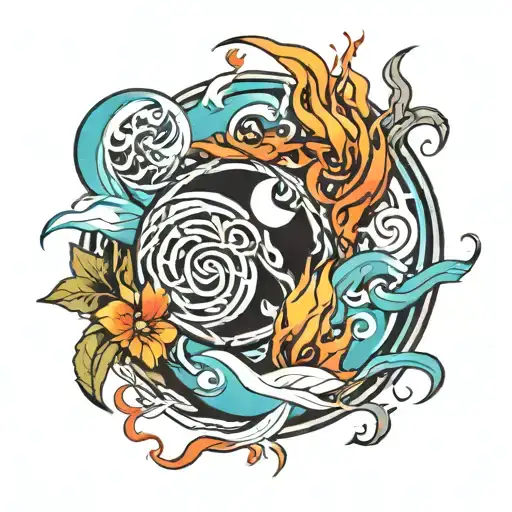 fire water earth wind elements intertwined tattoo design idea