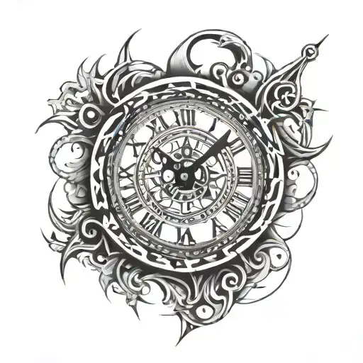 clock with cracks tribal patterns tattoo design idea