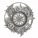 clock with cracks tribal patterns tattoo design idea