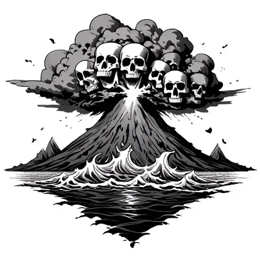 volcano eruption in an island with the ashes cloud with a a]lot of skull forms and waves foam with a los of skull forms  tattoo design idea