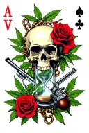 pop art style skulls and chains and roses and guns and hour glass with weed plant pipe smoke playing cards Aces & eights tattoo design idea