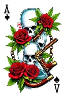 pop art style skulls and chains and roses and guns and hour glass with weed plant pipe smoke playing cards Aces & eights tattoo design idea