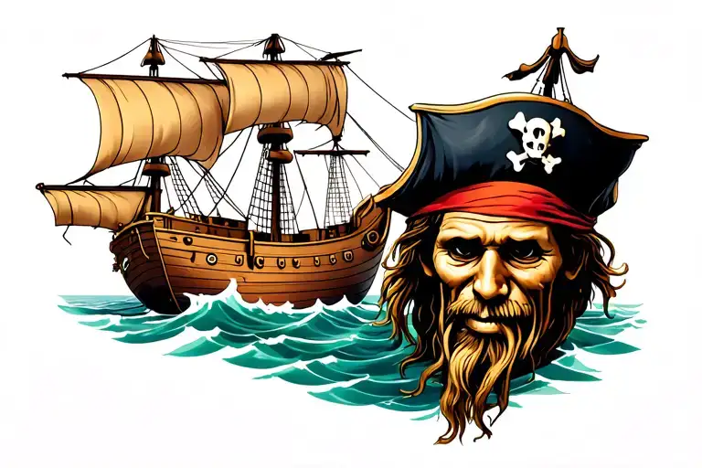 pirate ship seen from the front with the face of Davy Jones under the boat tattoo design idea