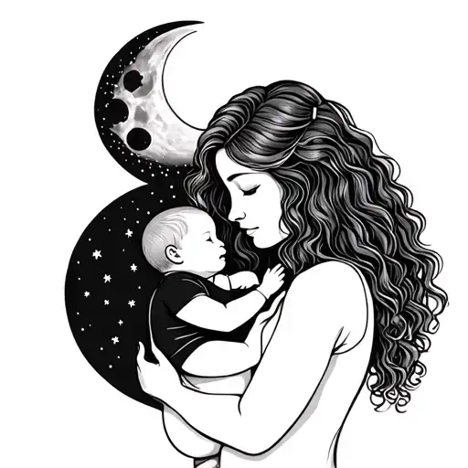 woman from behind with long curly hair holding a newborn baby and looking at half moon tattoo design idea