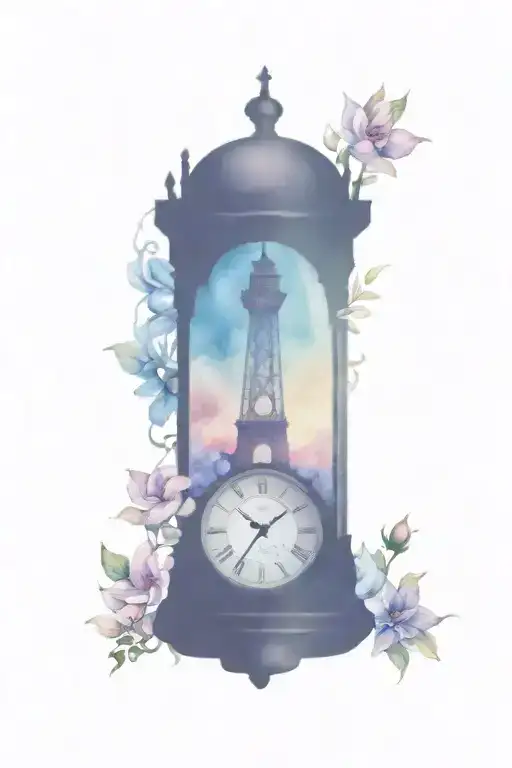 single clock tower inside a compass with flowers intertwined tattoo design idea