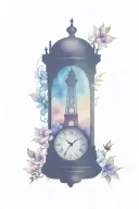single clock tower inside a compass with flowers intertwined tattoo design idea