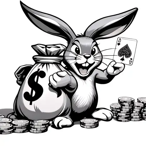 Bugs bunny holding a money bag with playing cards and casino theme tattoo design idea