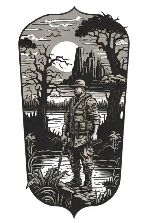 A blackwork tattoo of a veteran soldier standing guard in a haunted bayou, with ghostly figures and ancient ruins in the background tattoo design idea
