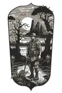 A blackwork tattoo of a veteran soldier standing guard in a haunted bayou, with ghostly figures and ancient ruins in the background tattoo design idea