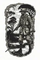 A blackwork tattoo of a veteran soldier standing guard in a haunted bayou, with ghostly figures and ancient ruins in the background tattoo design idea