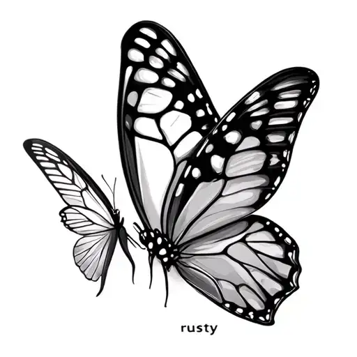 A black and white realistic butterfly tattoo  with the date 5/12/89-7/1/21 under the name rusty and another date of 1/28 tattoo design idea