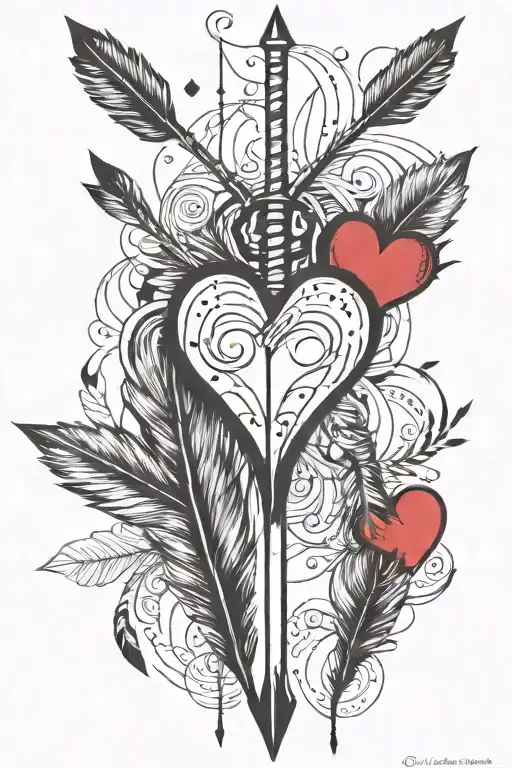 arrow with heart shape tip and three feathers hanging from other end   tattoo design idea