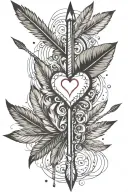 arrow with heart shape tip and three feathers hanging from other end   tattoo design idea