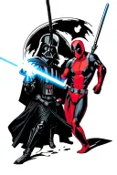 Darth Vader using the force while facing Deadpool who looks like his head got cut off Darth Vader in black and Deadpool  tattoo design idea
