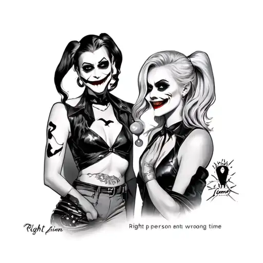 Harley Quinn and the joker with a saying right person wrong time  tattoo design idea