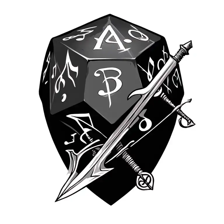 d20 with lightning crossbow and rapier with musical notes tattoo design idea