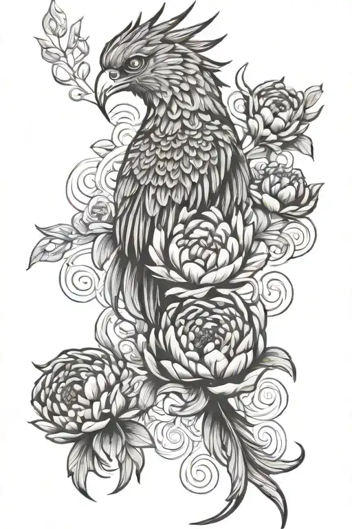 phoenix and peony and sacred geometry patterns tattoo design idea
