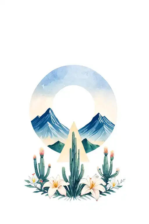  Zia symbol with the mountains in the middle of the symbol surrounded by Yucca and lily flowers going up and down tattoo design idea