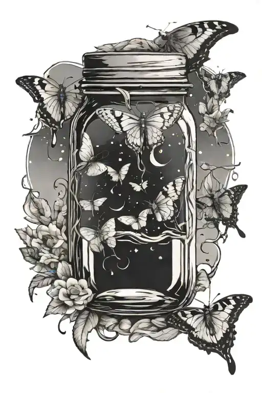 chipped mason jar with lunar moth flying away towards the crescent moon with other celestial images scattered around  tattoo design idea