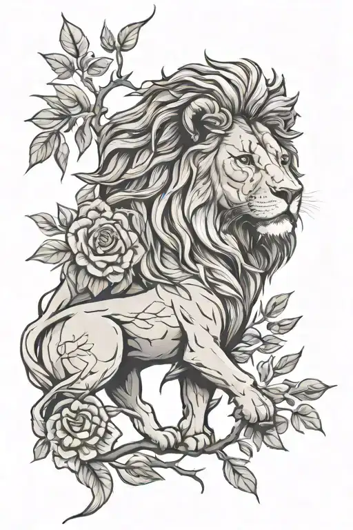 lion. olive tree branch. rose intertwined clouds surrounding tattoo design idea