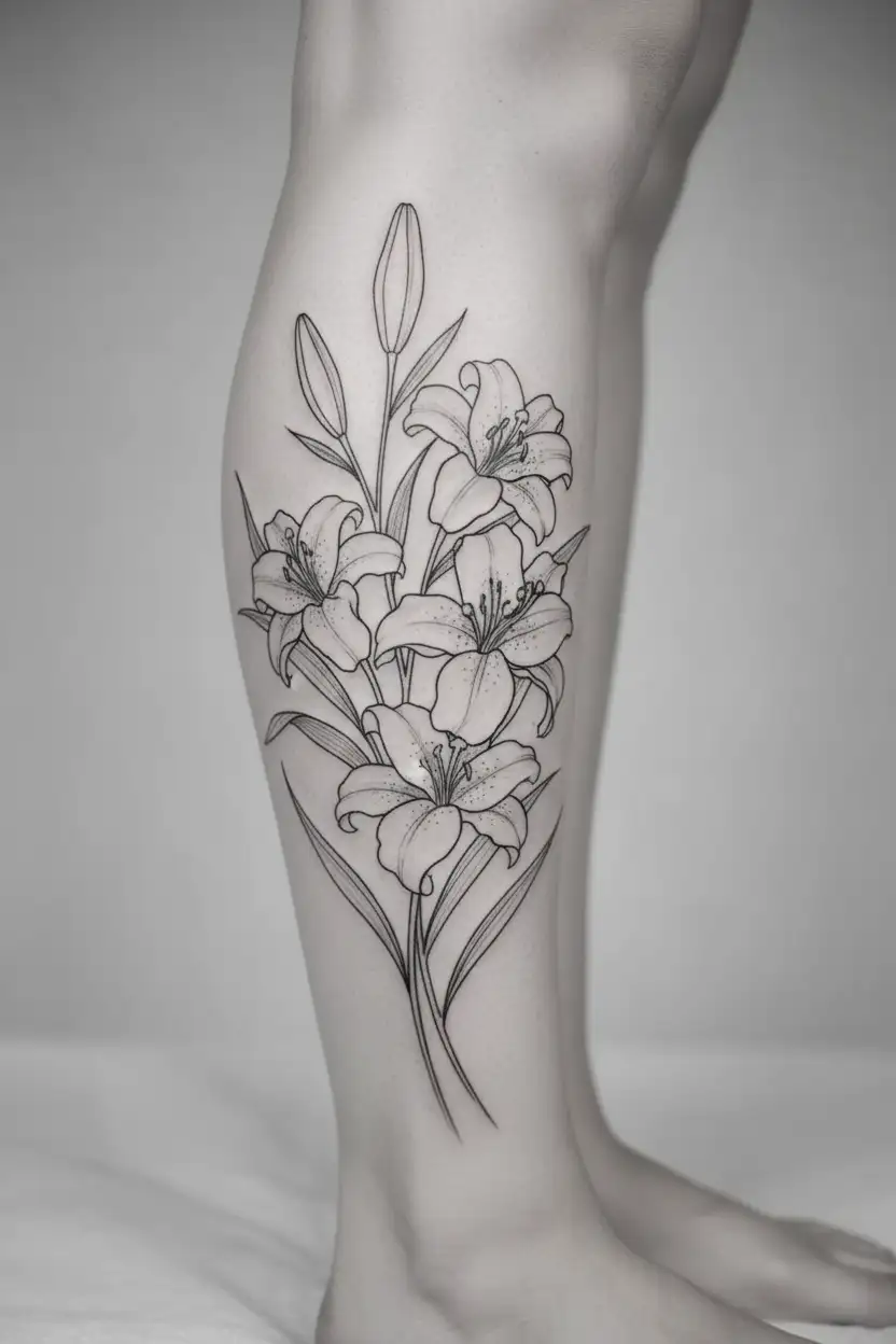 bouquet of carnation, snowdrop, iris and violet flower tattoo design idea