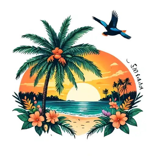 PALM TREE BIRDS FLOWERS AND SUNSET WITH SAND DUNES tattoo design idea