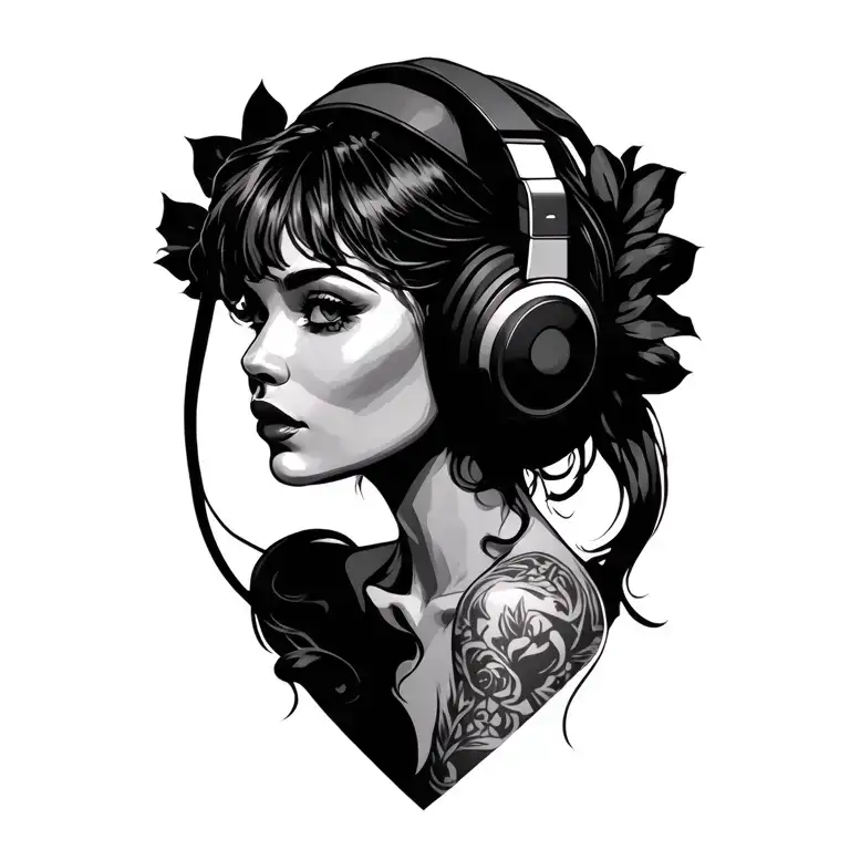sexy woman wearing headphones listening tattoo design idea