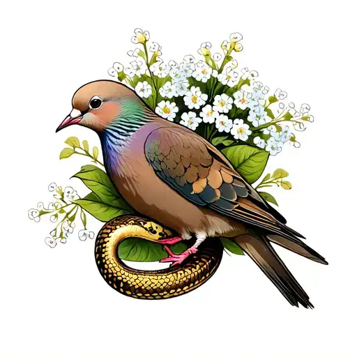 Mourning dove with baby's breath flower and snake tattoo design idea