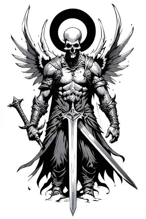 Dark warrior with demon wings and sword. Skull pile in background. tattoo design idea