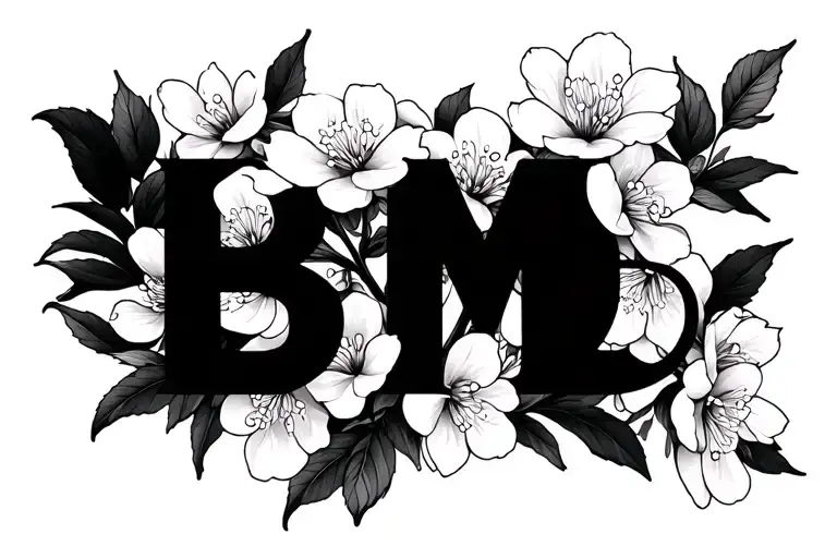 Cherry Blossom Fine Line with letters BMD tattoo design idea