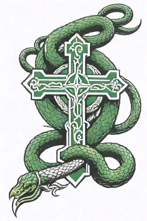 irish cross with a dark green snake coiled around it  tattoo design idea