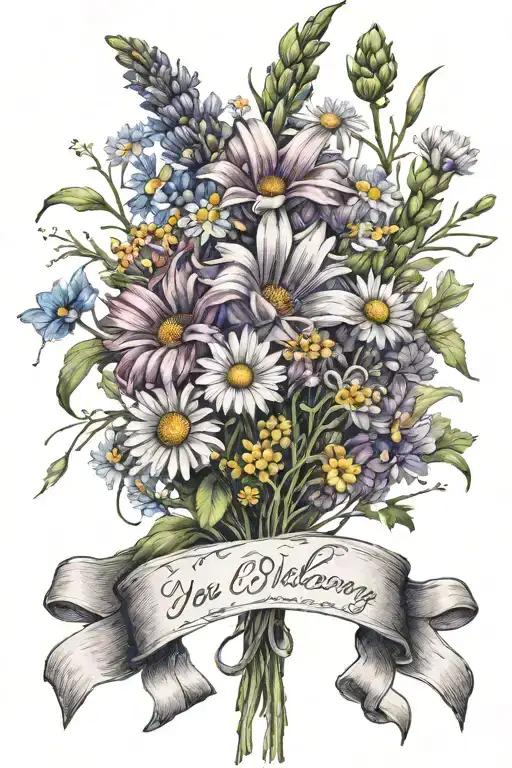 A bouquet of wildflowers tied up with ribbon that says "You belong among the wildflowers" tattoo design idea