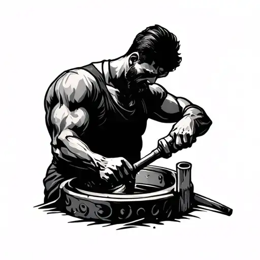 shadow of a man working on a ring with hammer and chisel tattoo design idea
