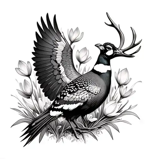  flying pheasant, crocus flower, white tail deer intertwined within tattoo design idea