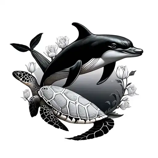 sea turtle, dolphin, string ray, whale, wave and roses and tulips tattoo design idea