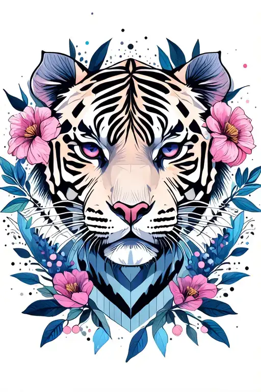 realistic neutral tiger face with flowers surrounding, leaves, dots and lines in blue, violet, pink colour tattoo design idea