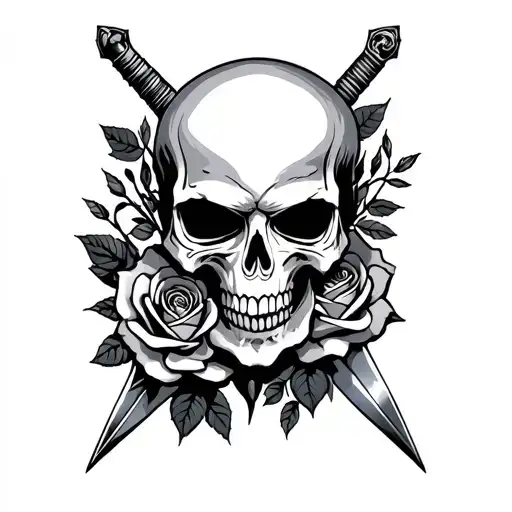 skull sword and roses  tattoo design idea
