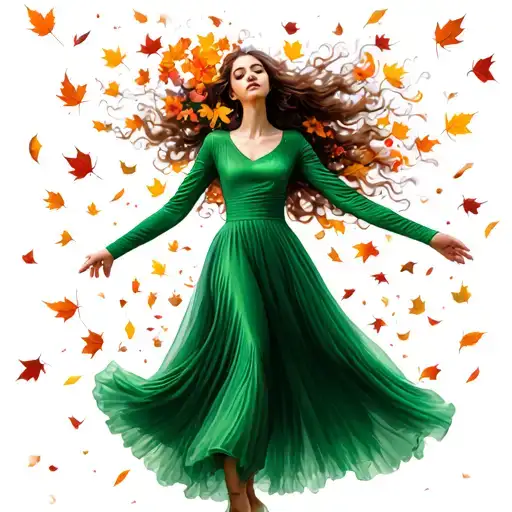 a beautiful girl in a long sleeve green dress being blown by strong wind amidst fall color leaves and flower pedals tattoo design idea