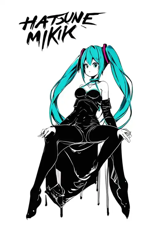design me a blackwork style tattoo of the character Hatsune miku full body in some dynamic position tattoo design idea