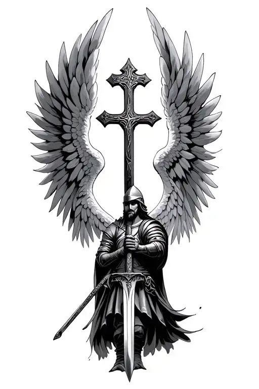 angel wing on the outside, spartan warrior on the inside holding a sword, christian cross  tattoo design idea