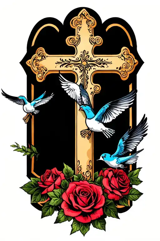 Cross, roses, and swallows flying tattoo design idea